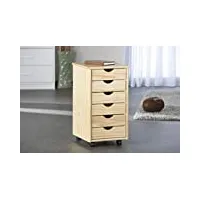 inter link – caisson de bureau à roulettes – avec tiroirs – meuble de rangement mobile - pin massif - 6 tiroirs – naturel vernis