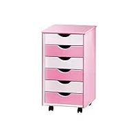inter link – caisson de bureau à roulettes – avec tiroirs – meuble de rangement mobile - pin massif - 6 tiroirs – rose, blanc vernis
