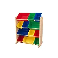 kidkraft etagère de rangement couleurs primaires en bois pour jouets d'enfants avec 12 bacs en plastique interchangeables, meuble de rangement, meubles de chambre d'enfant, 16774