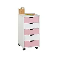 idimex caisson de bureau lagos meuble de rangement sur roulettes avec 5 tiroirs, en pin massif lasuré blanc et rose