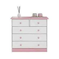 idimex commode de chambre rondo meuble de rangement avec 5 tiroirs, en pin massif lasuré blanc et rose