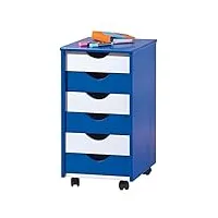inter link – caisson de bureau à roulettes – avec tiroirs – meuble de rangement mobile - pin massif - 6 tiroirs – bleu, blanc vernis