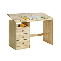 idimex bureau enfant kevin bureau avec rangement 3 tiroirs et 1 casier, style classique, en pin massif vernis naturel