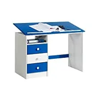 idimex bureau enfant écolier junior kevin pupitre inclinable avec 3 tiroirs 1 casier en pin massif lasuré blanc et bleu
