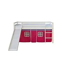 homestyle4u 540, lit loft pour enfants avec toboggan, échelle, rideau rose, bois de pin massif blanc, 90x200 cm