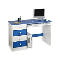 idimex bureau enfant multi rangements malte, tiroirs et support clavier pin massif lasuré blanc bleu