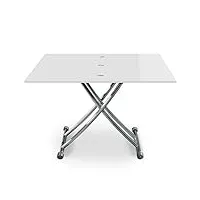 menzzo table a manger basse relevable bois/inox laqué blanc | rehaussable et extensible | transformable et modulable | contemporain, moderne | b2219s carrera |l57/100 x p100/114,2 x h39/76