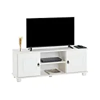 idimex meuble tv belfort banc télévision de 134 cm en bois style campagne avec 2 portes et 2 niches, en pin massif lasuré blanc