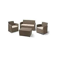 allibert 212405 corona salon de jardin en plastique aspect rotin avec table de rangement à coussins (2 fauteuils, 1 canapé, 1 table), cappuccino