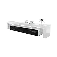 vladon buffet bas lima v2, meuble tv avec 2 clapets, 1 compartiment ouvert et 2 étagères en verre, blanc haute brillance/noir haute brillance (189 x 38 x 35 cm)