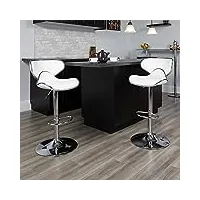 flash furniture meubles flash lot de 2 tabourets de bar contemporains confortables en vinyle à hauteur réglable avec base chromée, revêtement, blanc