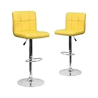 flash furniture lot de 2 tabourets de bar contemporains en vinyle matelassé à hauteur réglable avec base chromée, jaune, lot de 2