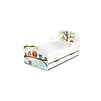 leomark moderne lit d'enfant toddler avec matelas et un tiroir couleur blanc motif: de hiboux chambre pour les enfants meubles pour enfants confortable fonctionnel lit simple zone de couchage 70/140 cm
