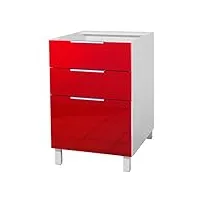 berlioz créations meuble bas de cuisine 3 tiroirs 60 cm, rouge haute brillance, 60 x 52 x 83 cm