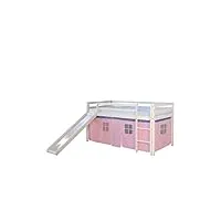 homestyle4u lit simple blanc 90x200 en hauteur avec echelle et rideau rose