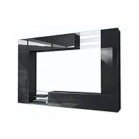 vladon meuble tv mural mirage, ensemble étagère tv avec panneau arrière et 2 portes, 2 clapets et 6 étagères en verre, noir mat/noir haute brillance (262 x 183 x 39 cm)