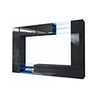 vladon meuble tv mural mirage, ensemble étagère tv avec panneau arrière et 2 portes, 2 clapets et 6 étagères en verre, noir mat/noir haute brillance, éclairage led inlcus (262 x 183 x 39 cm)