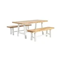 table 170x80 cm et 2 bancs de jardin en bois d'acacia blanc et bois clair scania