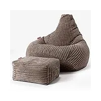 lounge pug, pouf fauteuil gamer avec repose-pied, poire, côtelé moka