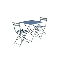 alice's garden - salon de jardin bistrot pliable - emilia carré bleu grisé - table 70x70cm avec deux chaises pliantes. acier thermolaqué