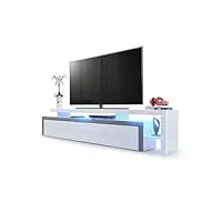 vladon meuble tv bas leon v3, corps en blanc haute brillance/façades en blanc haute brillance avec une bodure en gris haute brillance avec l'éclairage led (227 x 52 x 35 cm)
