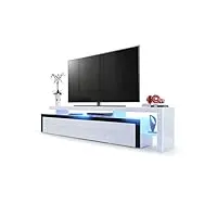 vladon meuble tv bas leon v3, corps en blanc haute brillance/façades en blanc haute brillance avec une bodure en noir haute brillance avec l'éclairage led (227 x 52 x 35 cm)