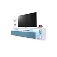 vladon meuble tv bas leon v3, corps en blanc haute brillance/façades en turquoise haute brillance avec une bodure en blanc haute brillance avec l'éclairage led (227 x 52 x 35 cm)
