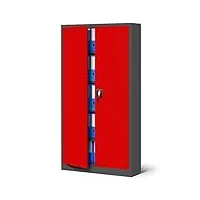 jan nowak armoire de bureau métallique 4 étagères tôle d'acier revêtement en poudre 185 cm x 90 cm x 40 cm (anthracite/rouge)