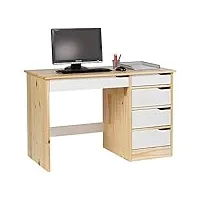 idimex bureau hugo avec rangement 5 tiroirs style scandinave en pin massif vernis naturel et lasuré blanc