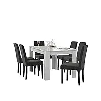 table de salle à manger mat blanc en design chêne + 6 chaise de salle à manger en gris foncé - 140x90cm%0a