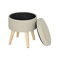 woltu® sh08cm-1 tabouret rond pouf coffre de rangement repose-pieds,siège en lin pieds en bois massif,crème blanc