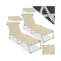 tectake® set de 2 chaise longue pliante bain de soleil jardin exterieur avec pare soleil chaise longue inclinable transat de plage relax jardin camping salon de jardin exterieur - beige