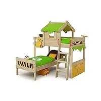wickey crazy jungle - lit superposé enfant avec toit, 200x210x215 cm, bois massif, bâche de fantaisie, Échelle inclinée, télescope - lit cabane design pour chambre d'enfants - pomme