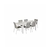 alice's garden - salon de jardin table extensible - orlando taupe - table en aluminium 150/210cm. plateau de verre. rallonge et 6 chaises en textilène