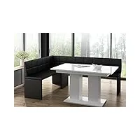 banc d'angle marta noir avec table à colonnes, blanc, banc de cuisine épais, rembourré en cuir synthétique facile d'entretien, structure en bois solide 128 x 168 l