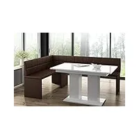 mystylewood banc d'angle marta marron avec table colonne blanche - siège de cuisine épais rembourré en cuir synthétique - facile d'entretien - structure en bois solide - 128 x 168 l