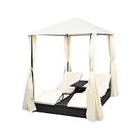 vidaxl chaise longue double avec rideaux transat de patio bain de soleil de jardin chaise longue d'extérieur terrasse plage résine tressée noir