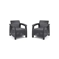 allibert by keter corfu lot de 2 fauteuils de jardin en plastique avec coussins d'extérieur, pour jardin et balcon, graphite/gris clair, 75 x 70 x 79 cm par chaise