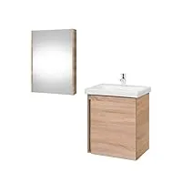 planetmöbel meuble de salle de bain moderne avec lavabo en céramique et armoire miroir, 50 cm, chêne sonoma