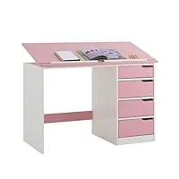 idimex bureau enfant emma bureau avec rangement 4 tiroirs et plateau inclinable, style scandinave, en pin massif lasuré blanc et rose
