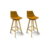 meubletmoi tabourets de bar scandinave avec dossier - tissu jaune et piètement bois naturel - chaise haute confortable et solide - lot de 2 - wendy