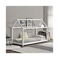 [en.casa] lit enfant design maison cadre structure lit bois blanc cabane 206 x 98 x 142 cm couleur blanc