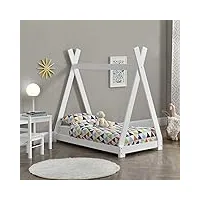 lit de tipi pour enfant en bois naturel avec sommier à lattes blanc mat 140 x 70 cm