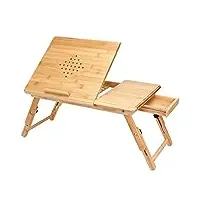 table d’ordinateur casaria en bambou 55 x 35 cm pieds réglables en hauteur pliable inclinable avec tiroir et trous de ventilation peu encombrante table de lit