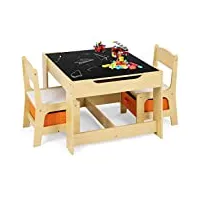 goplus table enfant avec 2 chaises, 3-en-1 petite table de dessin, table réversible à double face avec tableau noir, 2 boîtes de rangement, table polyvalente enfant pour manger, etudier et jouer
