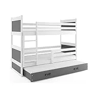 interbeds lit superposé rico 3 places 190x90 avec matelas sommiers et tiroir-lit en blanc (blanc+gris)