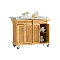 sobuy® fkw69-n desserte sur roulettes meuble de cuisine de service roulant en bambou - plans de travail en acier inox rabattables - grande armoire de rangement