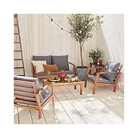 alice's garden - salon de jardin en bois 4 places - ushuaïa - coussins gris. canapé. fauteuils et table basse en acacia. design