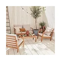 alice's garden - salon de jardin en bois 4 places - ushuaïa - coussins bleu canard. canapé. fauteuils et table basse en acacia. design