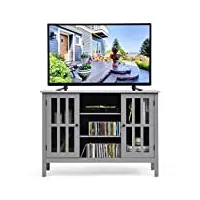 costway meuble tv, support tv banc tv avec rangement, 3 etagères, pour tv jusqu'à 127 cm, avec espace de rangement avec porte, conception simple et contemporain, gris